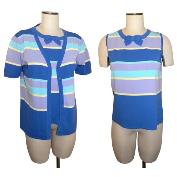 Vintage Tank & Cardigan | Bow Pastel Bright Stripes | Twin Set S - Picture 1 of 10